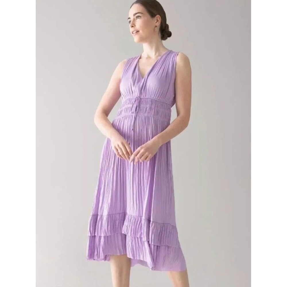 White House Black Market Women Dress Size Large Purple Orchid Rouche Waist Vneck